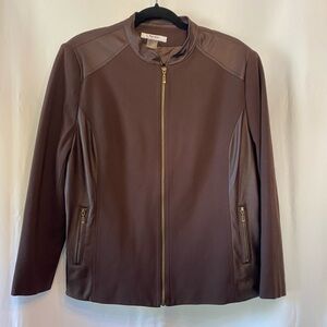 TanJay Women's Dark Brown Jacket Size 16 Full Zip Faux Leather Panels Edgy Goth